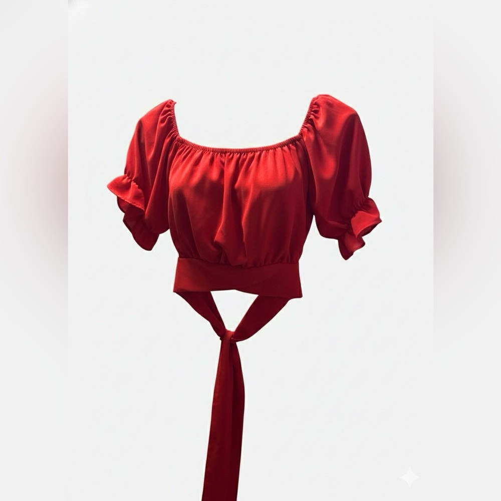 Red Puff Sleeve Tie-Front Top